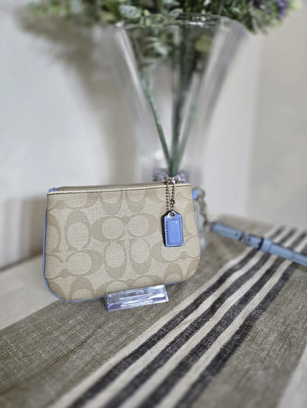 Coach Beige Signature Small Wristlet with Light Blue Trim